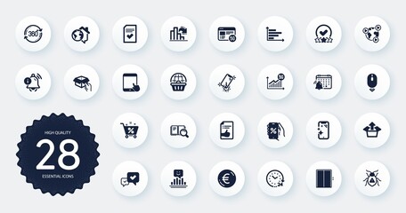 Set of Technology icons, such as Checked file, Software bug and Online shopping flat icons. Approved document, Tablet pc, 5g statistics web elements. Video conference, Decreasing graph. Vector