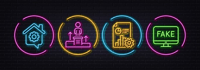 Business podium, Work home and Report minimal line icons. Neon laser 3d lights. Fake news icons. For web, application, printing. Nomination, Outsource work, Presentation document. Vector