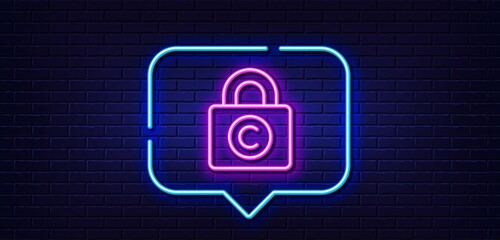 Neon light speech bubble. Copyright locker line icon. Copywriting sign. Private Information symbol. Neon light background. Copyright locker glow line. Brick wall banner. Vector