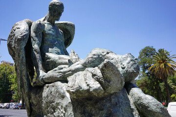 bronze statue at the entrance of the catholic university in santiago (chile): named 
