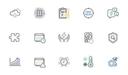 Calendar, Puzzle and Fake news line icons for website, printing. Collection of Graph chart, Coronavirus spray, Notification icons. Recovery hdd, Weather thermometer, Stress web elements. Vector