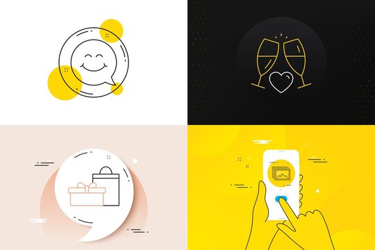 Minimal set of Smile face, Image gallery and Gifts line icons. Phone screen, Quote banners. Wedding glasses icons. For web development. Chat, Photo album, Birthday boxes. Love champagne. Vector