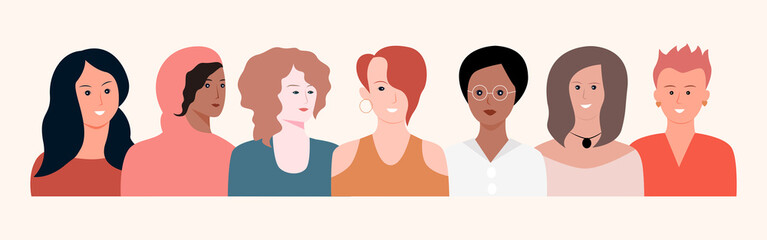 Obraz premium Banner of portraits of modern fashionable women. Feminist vector illustration. The concept of equality, international women's day.