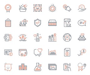 Business icons set. Included icon as Chemistry lab, Infographic graph and Pin web elements. Graph chart, Airplane, Image gallery icons. Technical info, Certificate, Coffee maker web signs. Vector