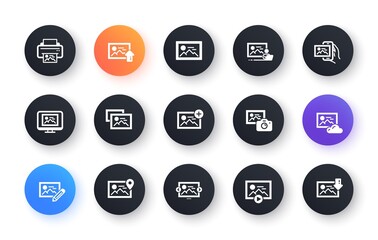 Photo icons. Print image, Photo camera, Upload picture icons. Edit image, Play presentation and photo printer. Download picture, Gallery carousel, placeholder pic. View portfolio. Vector