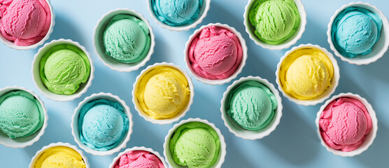 Colorful ice cream balls on bright background - obrazy, fototapety, plakaty
