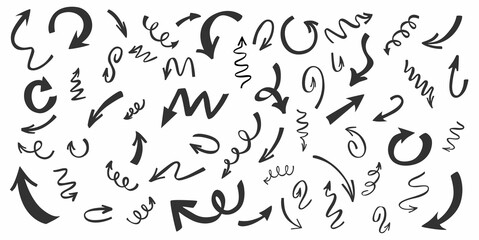 Flat quirky arrows set. Up and down direction pointer. Hand drawn abstract vector illustration isolated on white background. 