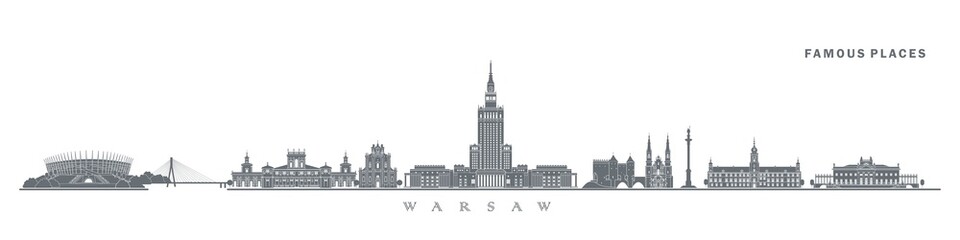 Silhouette skyline of warsaw isolated on white background, poland