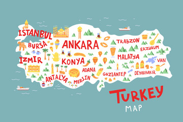Obraz premium Turkey cartoon map flat hand drawn vector illustration. City names lettering