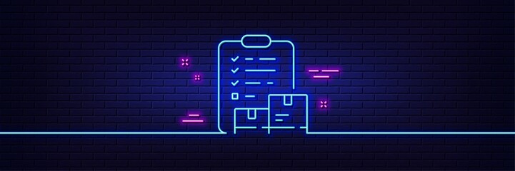Neon light glow effect. Inventory checklist line icon. Warehouse pallet sign. Wholesale goods symbol. 3d line neon glow icon. Brick wall banner. Inventory checklist outline. Vector