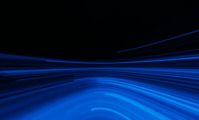 Naklejka premium Blur futuristic glow. Neon abstract background. Sci-Fi illumination. Defocused luminous navy blue color curve lines light flare motion on dark black copy space.
