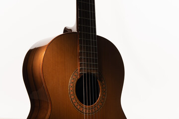 Classical guitar body on a pure  white background with copy space