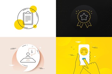 Minimal set of Online question, Interview and Ranking star line icons. Phone screen, Quote banners. Clipboard icons. For web development. Internet faq, Job meeting, Winner medal. Vector