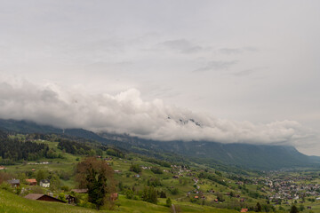 Fototapeta na wymiar Bad weather over the rhine valley in Gams in Switzerland