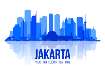 Jakarta (Indonesia) city silhouette skyline on a white background. Flat vector illustration. Business travel and tourism concept with modern buildings. Image for banner or web site.