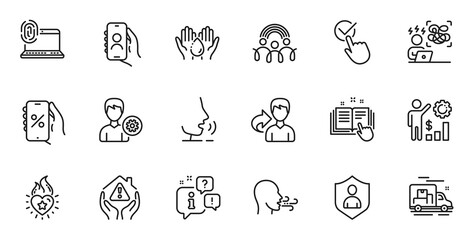 Outline set of Difficult stress, User call and Support line icons for web application. Talk, information, delivery truck outline icon. Vector