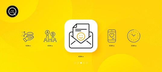 Fototapeta na wymiar Smile, Time management and Ab testing minimal line icons. Yellow abstract background. Love chat, Food delivery icons. For web, application, printing. Positive mail, Office clock, Test chart. Vector