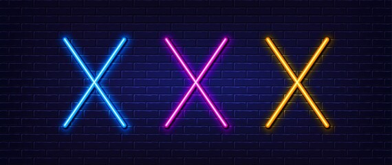 Initial letter X icon. Neon light line effect. Line typography character sign. Large first font letter. Glowing neon light element. Letter X glow 3d line. Brick wall banner. Vector