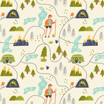 Seamless Pattern map of the forest hiking. Scout, river, landscape, mountain, tree. Nature Digital paper for nursery room, textile decor, kids wallpaper. Children repeat background for fabric design