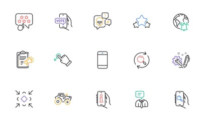 Stars, Engineering and Ranking star line icons for website, printing. Collection of Search app, Internet notification, Search icons. Smartphone, Online voting, Tractor web elements. Vector
