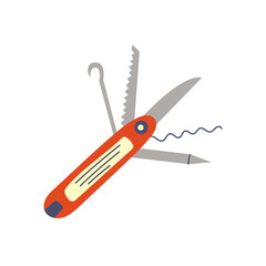 Universal folding knife. Camping equipment. Hiking clipart. Children design isolated element vector doodle naive art illustration