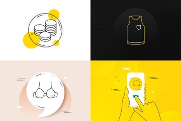 Minimal set of Messenger, Bra and T-shirt line icons. Phone screen, Quote banners. Tips icons. For web development. Speech bubble, Brassiere lingerie, Sleeveless shirt. Cash coins. Vector