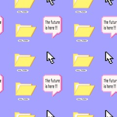 90 groovy trippy seamless pattern Old pc game 90s aesthetic. Pixel icons, folder, cursor, future is here text, dialog boxes. Vaporwave and retrowave style pattern.