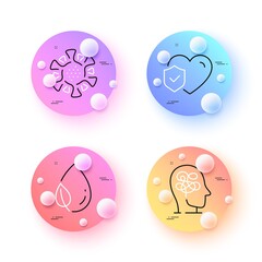 Stress, Coronavirus and Leaf dew minimal line icons. 3d spheres or balls buttons. Life insurance icons. For web, application, printing. Mind anxiety, Covid-19 virus, Water drop. Risk coverage. Vector