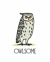 Vector illustration of hand drawn funny skeptical Eagle Owl. Ink drawing, decorative graphic style. Beautiful animal design elements, logo template