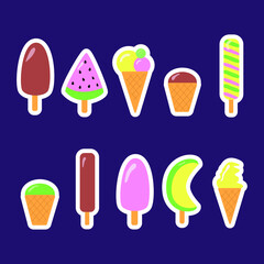 Vector set of ice cream stickers isolated. Collection of sweet cold desserts. Chocolate ice cream on a stick, ice cream in a cup, cone, watermelon and melon. Cool stickers on the current summer theme.