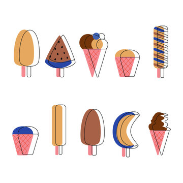 Ice cream set vector isolated. Collection of sweet cold desserts. Chocolate ice cream on a stick, ice cream in a cup, cone, watermelon and melon.