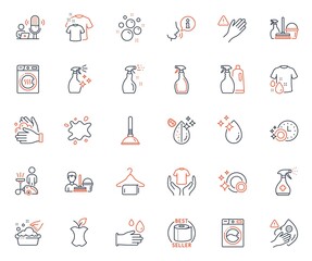 Cleaning icons set. Included icon as Cleaning, Cleaning service and Organic waste web elements. Toilet paper, Washing cleanser, Washing machine icons. Dirty water, Rubber gloves. Vector