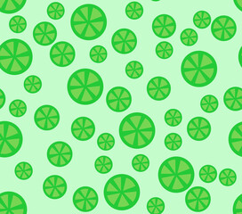 Seamless pattern illustration of lime slices on green background, top view. Design and print for printing on clothing, napkins, tablecloths, bedding, tableware.