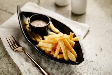french fries with mayo dip served in a dish isolated on grey background side view fast food