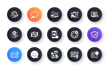 Minimal set of Cogwheel, Loan percent and Talk bubble flat icons for web development. Cooking timer, Delivery, House security icons. Online shopping, Safe time, Heart rating web elements. Vector