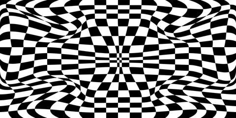 Abstract black and white chess concept 3d background. Wave pattern with the effect of illusion. Racial flag for various sports and racing events. Vector illustration.