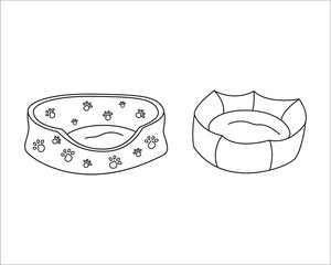Set of beds for dogs and cats. Pet beds in contour style. Soft place for pets. Illustration for a pet shop. Vector illustration with white isolated background.