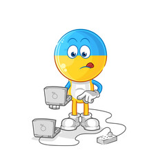 ukraine flag head with laptop mascot. cartoon vector