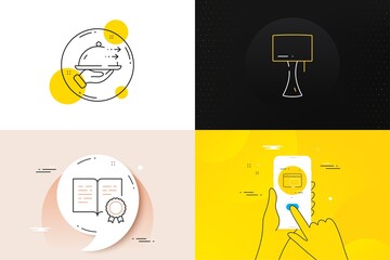 Minimal set of Food delivery, Seo message and Table lamp line icons. Phone screen, Quote banners. Certificate icons. For web development. Restaurant plate, Support chat, Bedside lamp. Vector