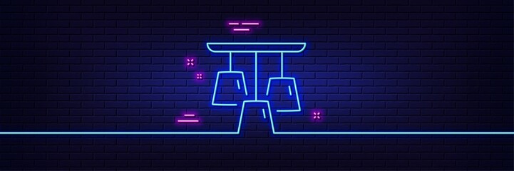 Neon light glow effect. Ceiling lamp line icon. Fixture light sign. Interior illuminate symbol. 3d line neon glow icon. Brick wall banner. Ceiling lamp outline. Vector