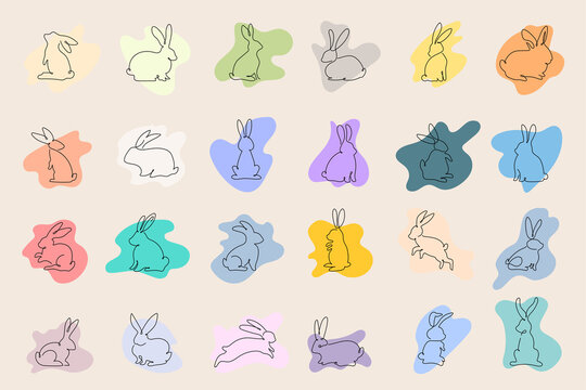 Set Of Bunny In Simple One Line Style. Bunny Icon On A Color Spot. Black And White Minimal Concept. 2023 Year Of The Rabbit. Christmas Vector Illustration. New Year's Bunnies As Decorative Elements.