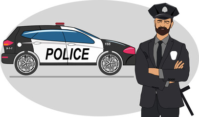 Set of police. Policeman in different poses and police car. Vector illustration in cartoon style