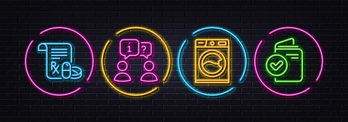 Medical prescription, Washing machine and Interview minimal line icons. Neon laser 3d lights. Verification document icons. For web, application, printing. Vector