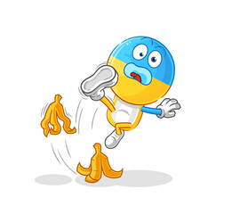 ukraine flag head slipped on banana. cartoon mascot vector