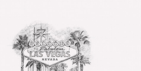 Famous Las Vegas sign on white background, hand drawn style pencil sketch