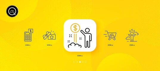 Fototapeta na wymiar Calculator, Shopping cart and Income money minimal line icons. Yellow abstract background. Difficult stress, Loyalty gift icons. For web, application, printing. Vector