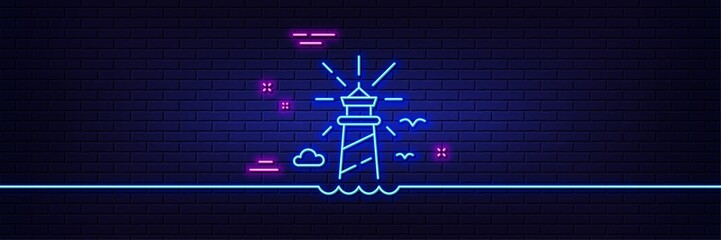 Neon light glow effect. Lighthouse line icon. Beacon tower sign. Searchlight building symbol. 3d line neon glow icon. Brick wall banner. Lighthouse outline. Vector