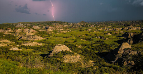 Lightning strike on the North Dakota Badlands in Trddy Rosevelt National Park, eastern North Dakota.