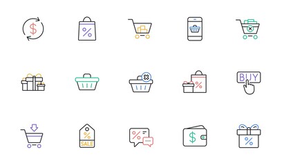Shopping line icons. Gift, Percent sign and Sale discount. Delivery linear icon set. Bicolor outline web elements. Vector