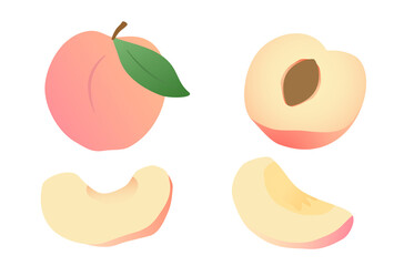 Flat design of Fresh peaches isolated vector on white background, fresh delicious slice peach, slice apple on white background, Japanese delicious peaches vector, fresh fruits isolated on white.